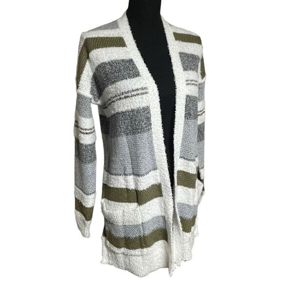 Pink Clover Sweaters - Pink Clover Gray and Green Striped Open Front Fuzzy Cardigan